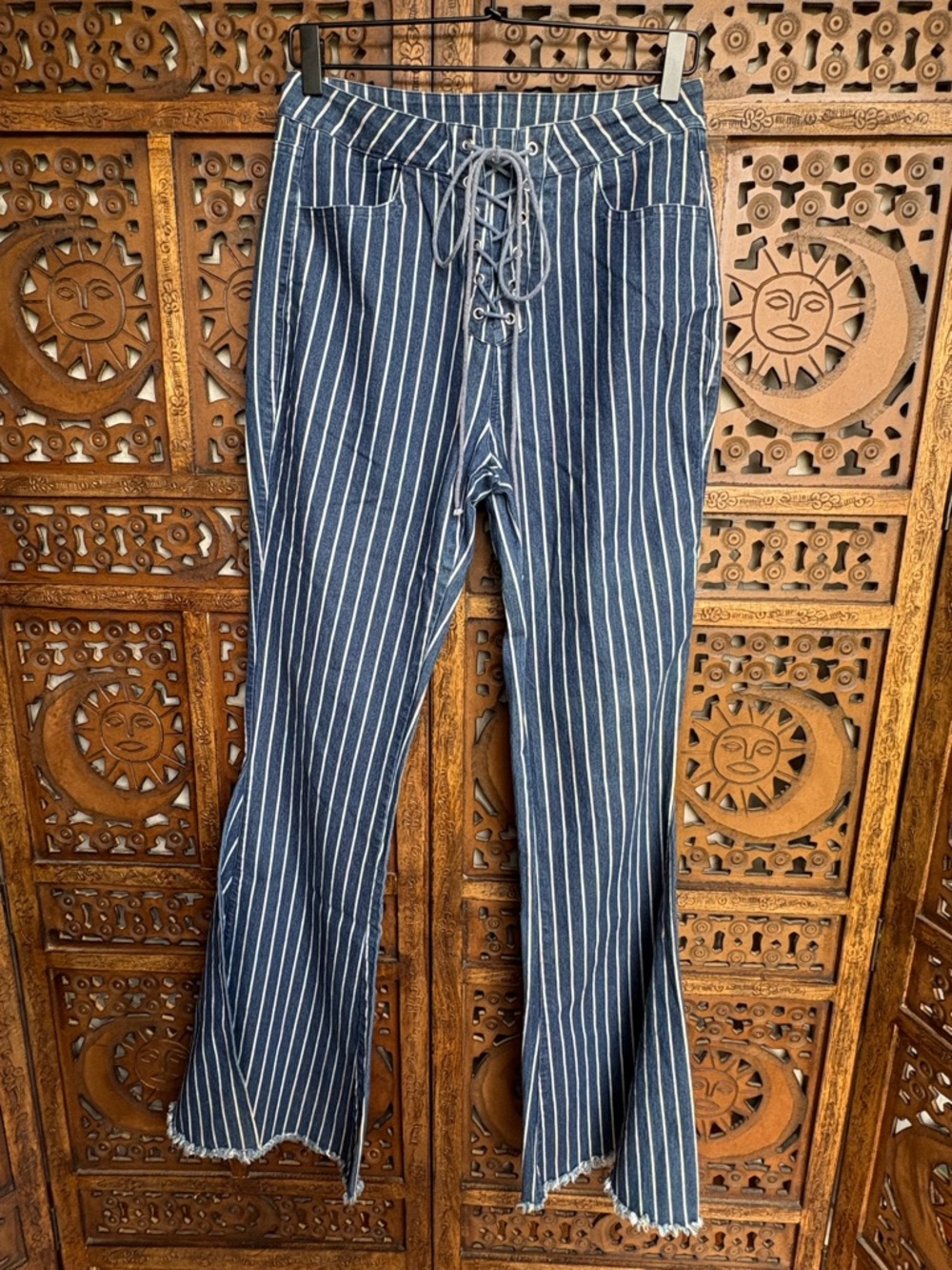 TALL Ultra Flare Lace-Up Multicolor Pinstripe Boutique Denim Jeans - 10L Long